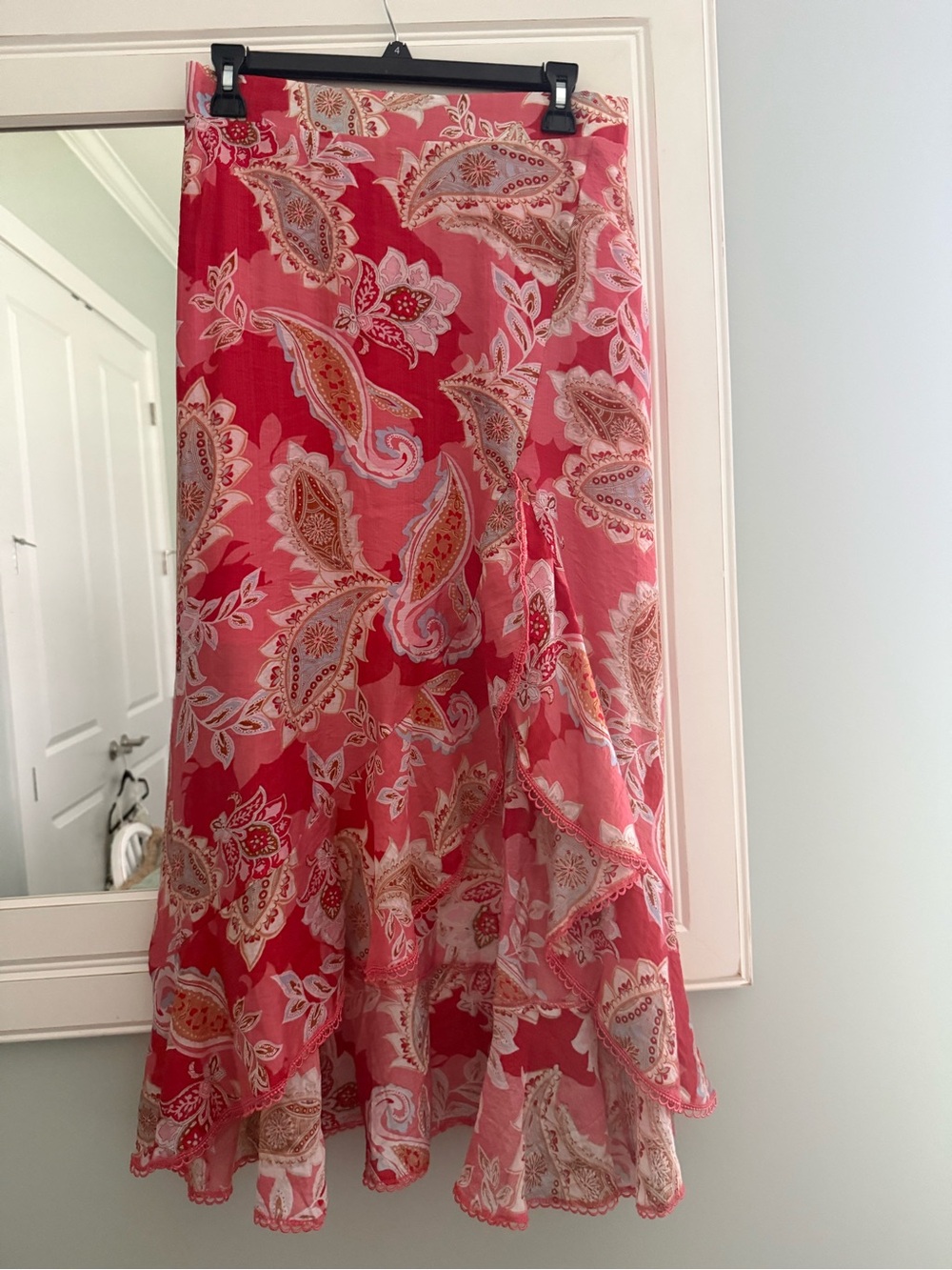 Ellison Coral Pink Paisley High-Low Ruffle Maxi Skirt, beautiful never worn.